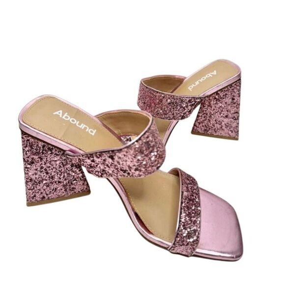 Abound Sandals Size 5 Pink Double Strap Glitter Slip On Open Square Toe Heels - Picture 6 of 8